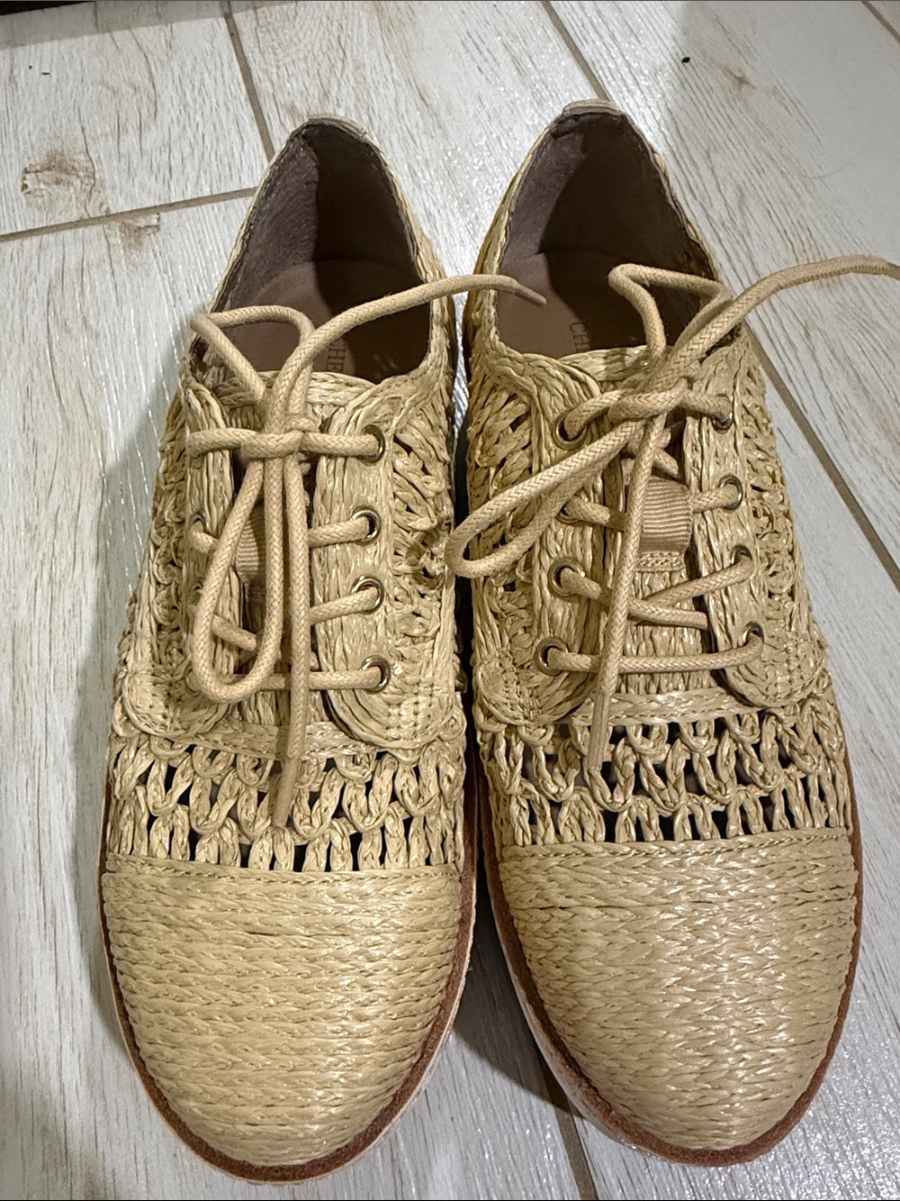 Chelsea & Violet Natural Straw Woven Lace-Up Wedges